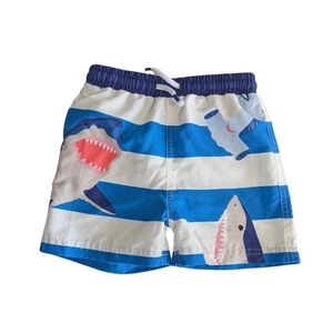 Mini Boden Blue and White Shark Print Swim Trunks